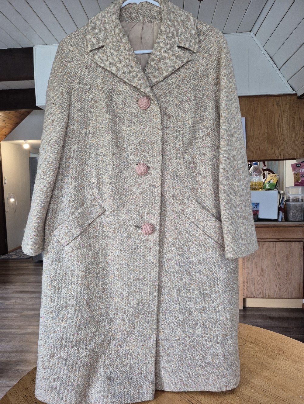 Wool-Blend Vintage Coat in Beige Blush with Pink Buttons Size 14P
